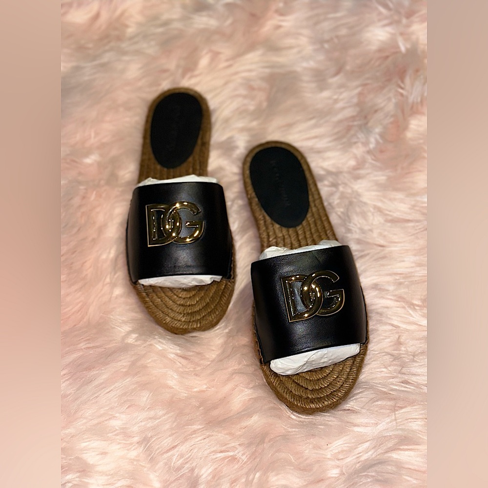 Dolce & Gabbana Logo Leather Flat Espadrille Sandlas size